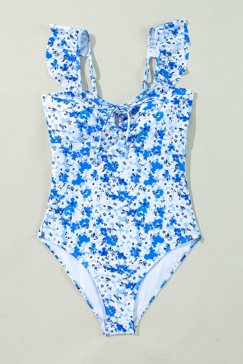 Blue Floral Ruffled Strap Lace-up Hollow Out One Piece Swimsuit