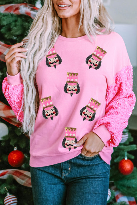 Pink Christmas Nutcracker Graphic Sequin Patchwork Long Sleeve Top