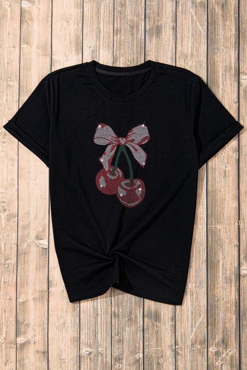 Black Rhinestone Bowknot Cherry Graphic T Shirt