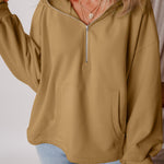 Brown Fleece Lined Half Zipper Kangaroo Pockets Loose Hoodie