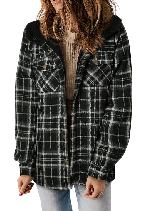 Khaki Plaid Pattern Sherpa Lined Hooded Shacket