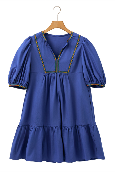 Bluing Colorful Striped Trim Puff Sleeve Pleated Mini Dress