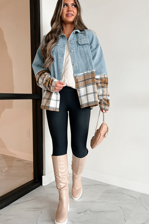 Khaki Plaid Patchwork Buttoned Oversized Denim Jacket