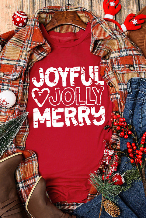 Red JOYFUL JOLLY MERRY Heart Print Crew Neck T Shirt