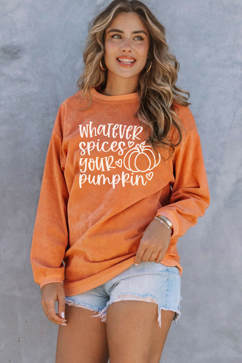 '-3 Pumpkin Letter Print Oversized Corduroy Sweatshirt