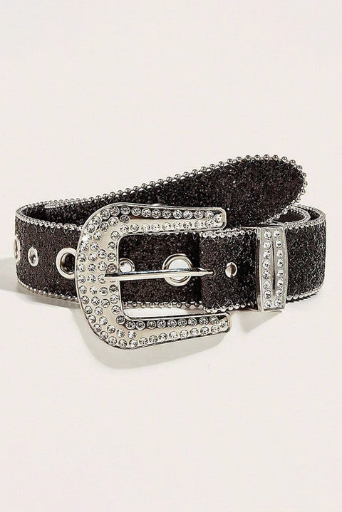 Black Rhinestone Decorated Buckle Belt