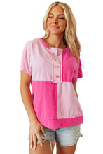 Pink Two Tone Half Buttons Collared T Shirt