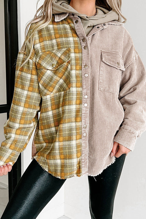 Khaki Plaid Corduroy Patchwork Snap Button Shacket