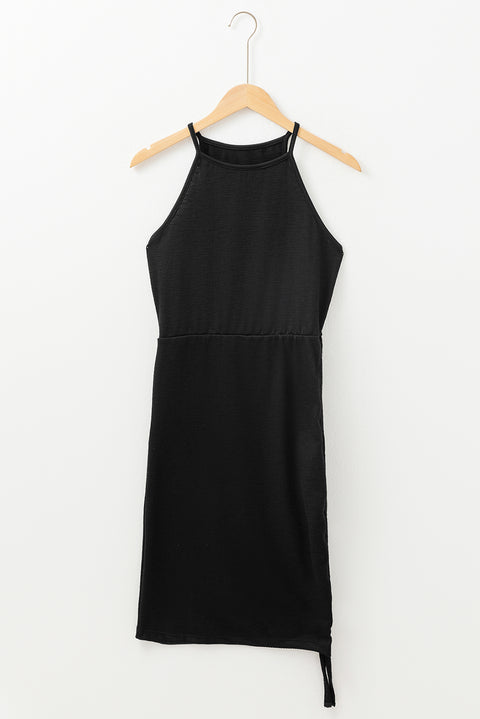 Black Racerback Ribbed Knit Drawstring Bodycon Dress