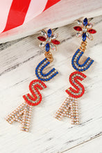 Fiery Red Beaded Rhinestone Colorblock USA Earrings