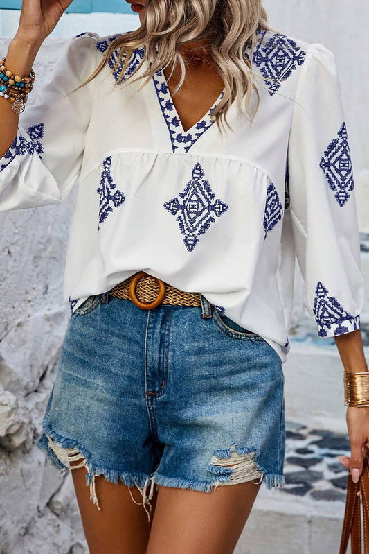 White Boho Geometric Print V Neck Bracelet Sleeve Plus Size Blouse