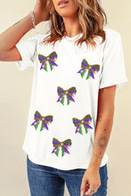 White Sequin Mardi Gras Bow Graphic Crewneck Tee