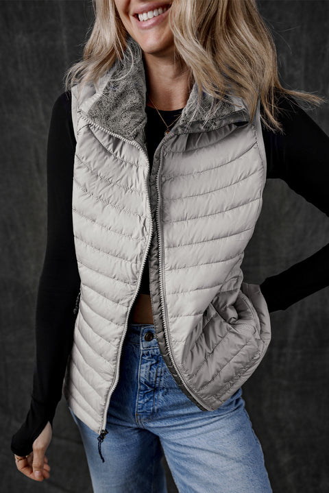 Silvery Plush Collared Quilted Zipped Puffer Vest