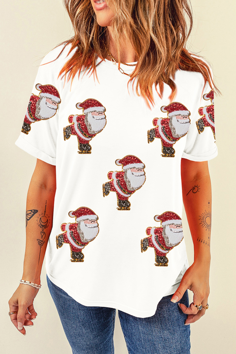 White Shimmer Skiing Santa Clause Print Crew Neck T Shirt