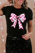 Black Checkerboard Bowknot Graphic Crewneck T Shirt