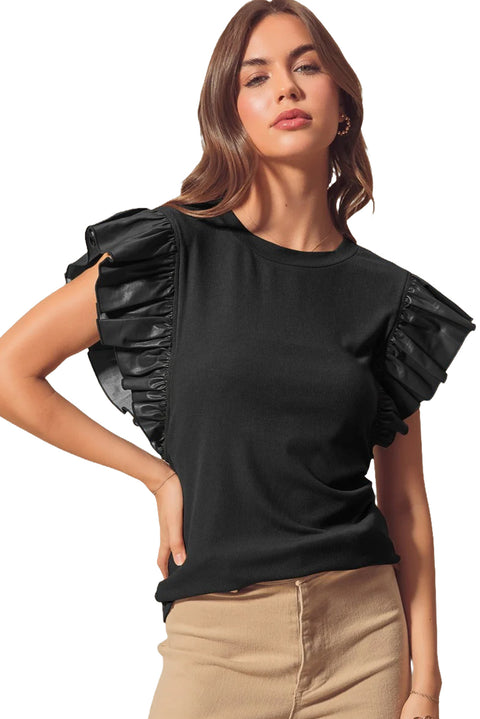 Black Leather Ruffle Sleeve Patchwork Round Neck Blouse