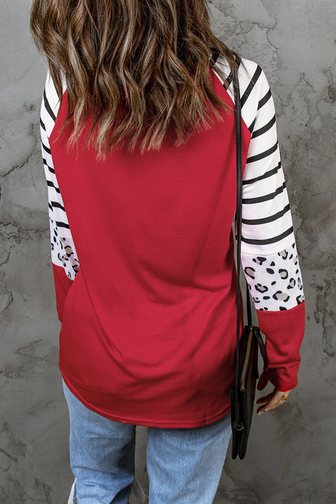 Red Double Heart Patch Contrast Long Sleeve Top