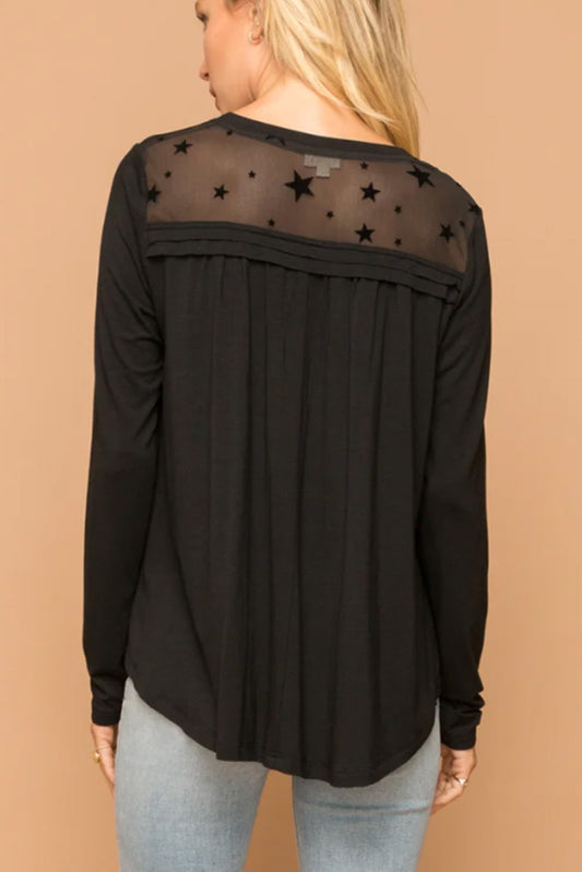 Black Star Mesh Yoke Draped Detail Blouse