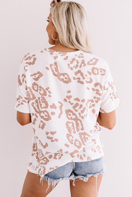 White Plus Size Leopard Print V Neck Short Sleeve Top