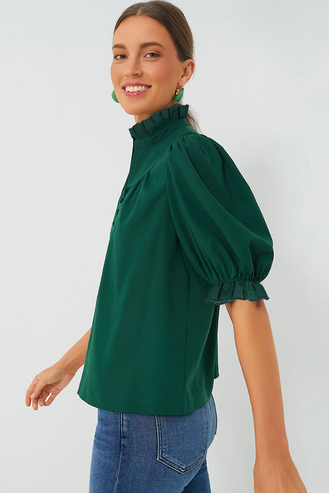 Blackish Green Solid Puff Sleeve Frilled Trim Elegant Blouse