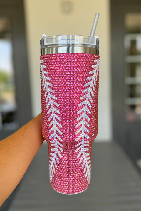 Rose Red Baseball Rhinestone 40 Oz Tumbler with Handle