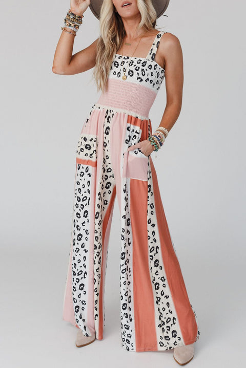 Leopard Color Block Mix Print Pocketed Jumpsuit