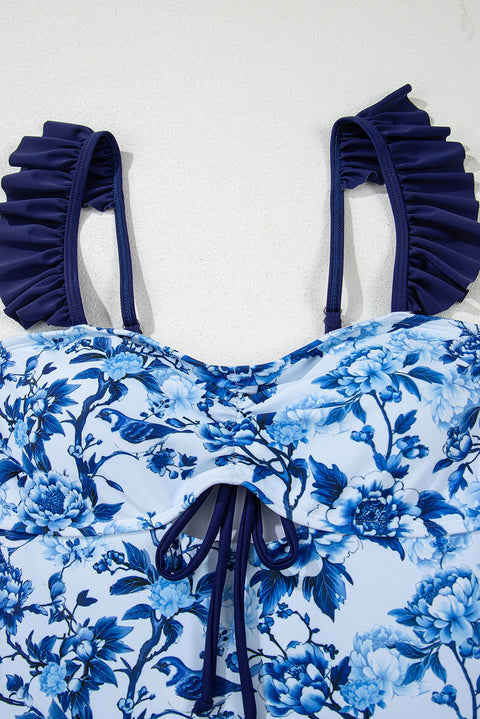 Blue Cutout Ruffled Spaghetti Strap One-Piece Swimwear