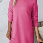 Rose Red Solid Color Textured Long Sleeve Shift Dress