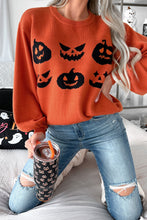 Orange Halloween Pumpkin Face Pattern Drop Shoulder Sweater