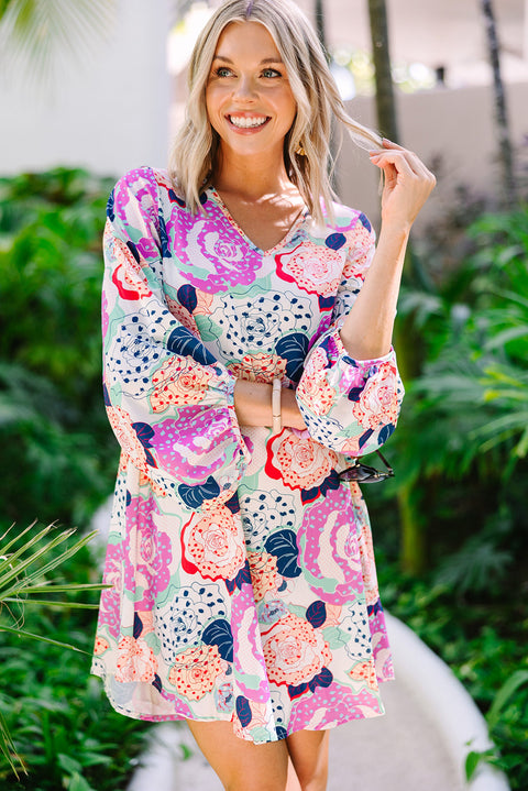 Vestido con estampado de flores florecientes y manga de burbuja con pulsera multicolor 