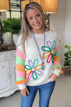 White Flower Graphic Colorblock Sleeve Crew Neck Sweater