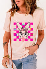 Pink Easter Rabbit Checkered Flower Print O-neck T Shirt