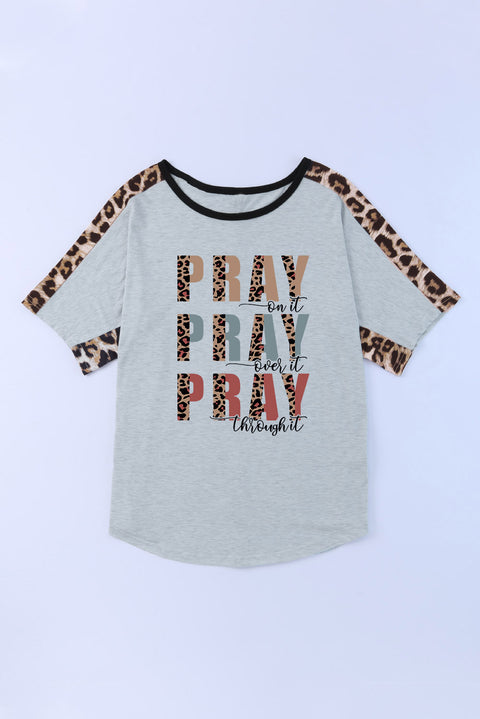 Gray PRAY Slogan Contrast Leopard Dolman Loose T Shirt