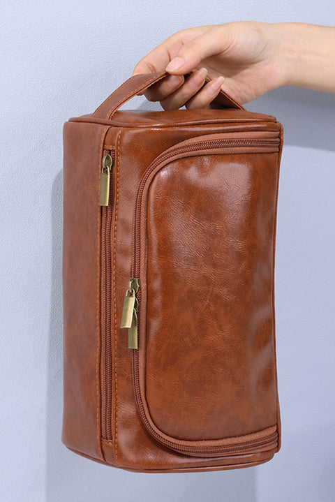 Chestnut PU Leather Multifunctional Handle Large Makeup Bag