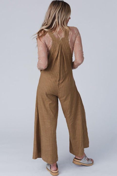 Brown Striped Pleated Wide Leg Pocketed Jumpsuit