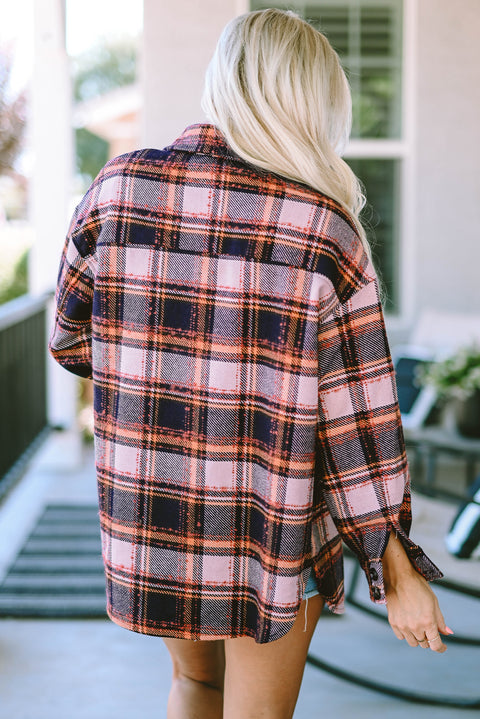 Red Oversized Flap Pockets Plaid Shacket with Slits