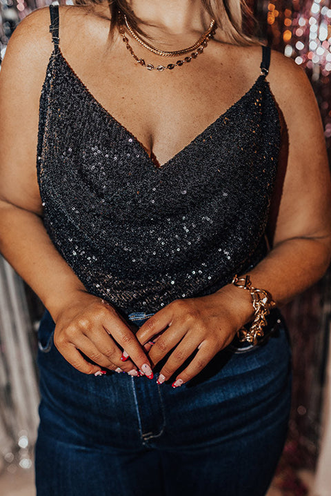 Plus Size Drape Neck Sequin Tank Top