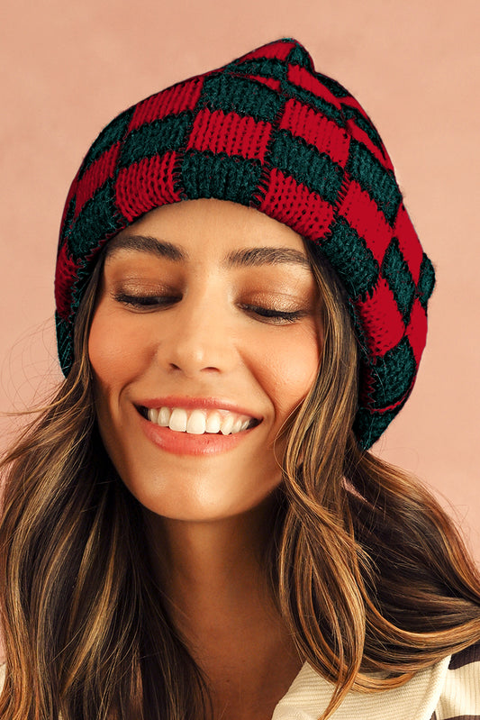 Racing Red Two Tone Checkered Folded Eaveless Beanie Cap