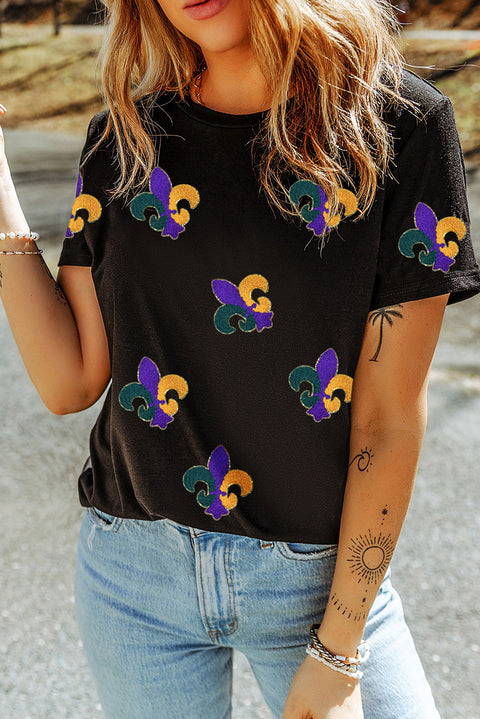 Black Chenille Mardi Gras Pattern Patched Crew Neck Tee