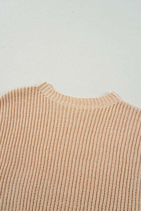 Apricot Cable Knit Drop Shoulder Side Slits Loose Sweater