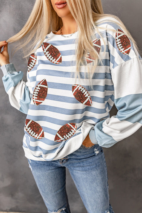 Stripe Sequined Rugby Football Pattern Pullover Sweatshirt