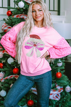 Pink Bow Father Christmas Graphic Sequin Patchwork Long Sleeve Top