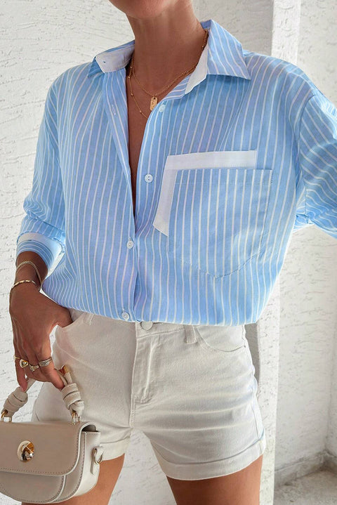 Sky Blue Stripe Contrast Patch Pocket Cuffed Sleeve Casual Shirt