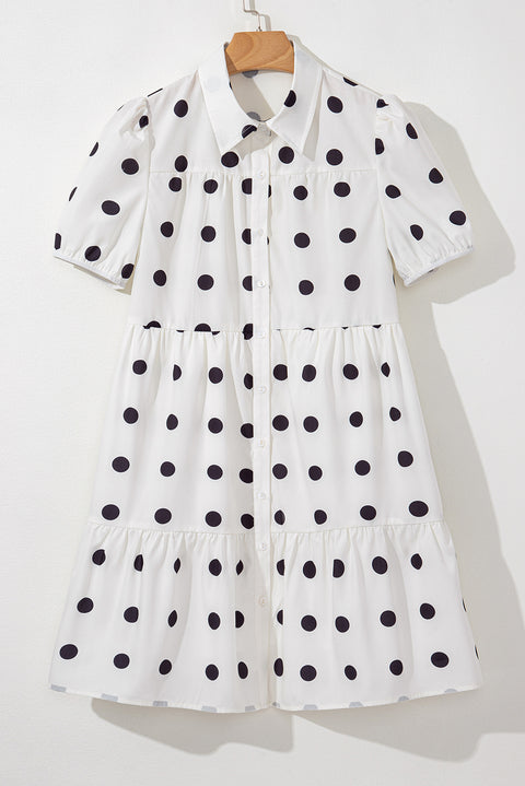 White Polka Dot Print Short Sleeve Collar Buttoned Tiered Babydoll Dress