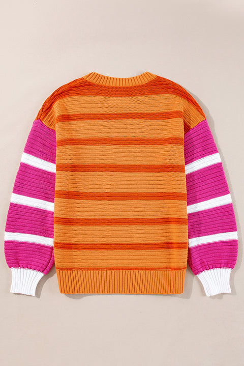 Orange Stripe Colorblock Crew Neck Drop Shoulder Loose Sweater