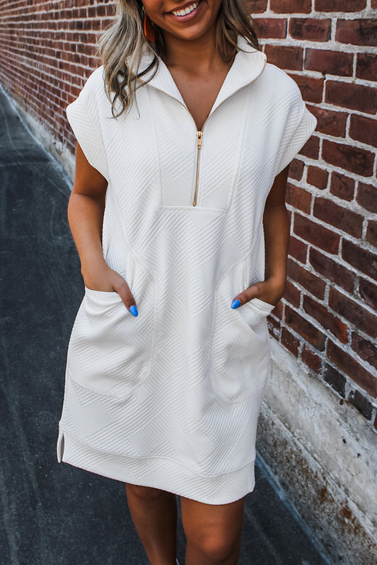 White Textured Half Zip Collared Cap Sleeve Mini Dress