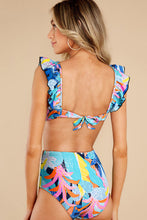 Tropical Print Ruffled Square Neck Tie High Waist Swimsuit