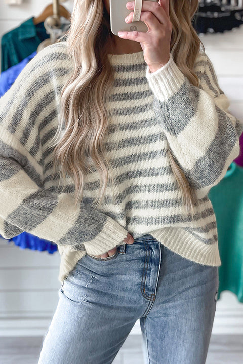 Gray Stripe Drop Shoulder Crew Neck Sweater