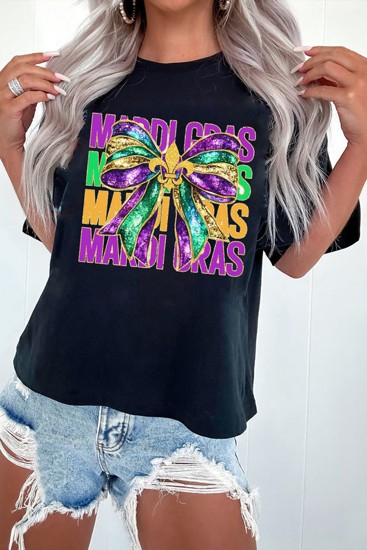 Black MARDI GRAS Fleur de Lis Bowknot Printed Crewneck Tee