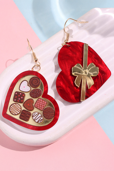 Fiery Red Box of Chocolate Heart Shape Dangle Earrings